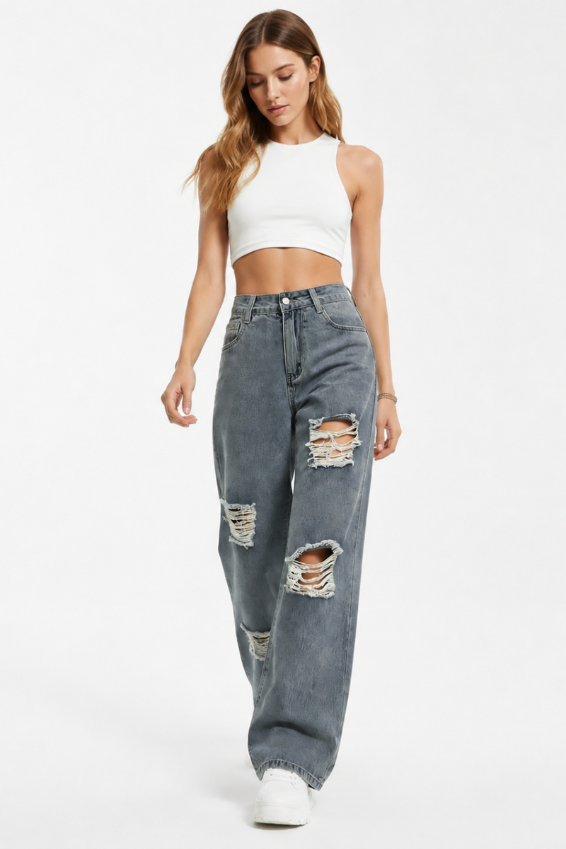 Women's High Waist Distressed Ripped Wide Leg Jeans