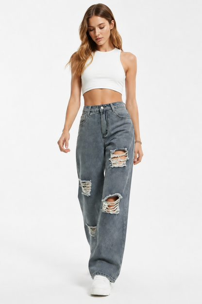 Women's High Waist Distressed Ripped Wide Leg Jeans