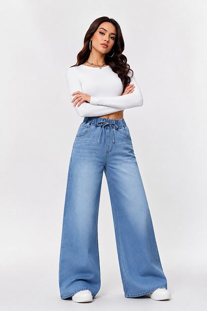 Women's Drawstring Elastic Waist Wide Leg Jeans