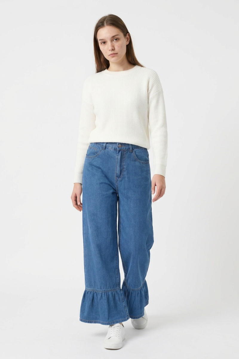 Women's High Waist Ruffle Hem Wide Leg Jeans