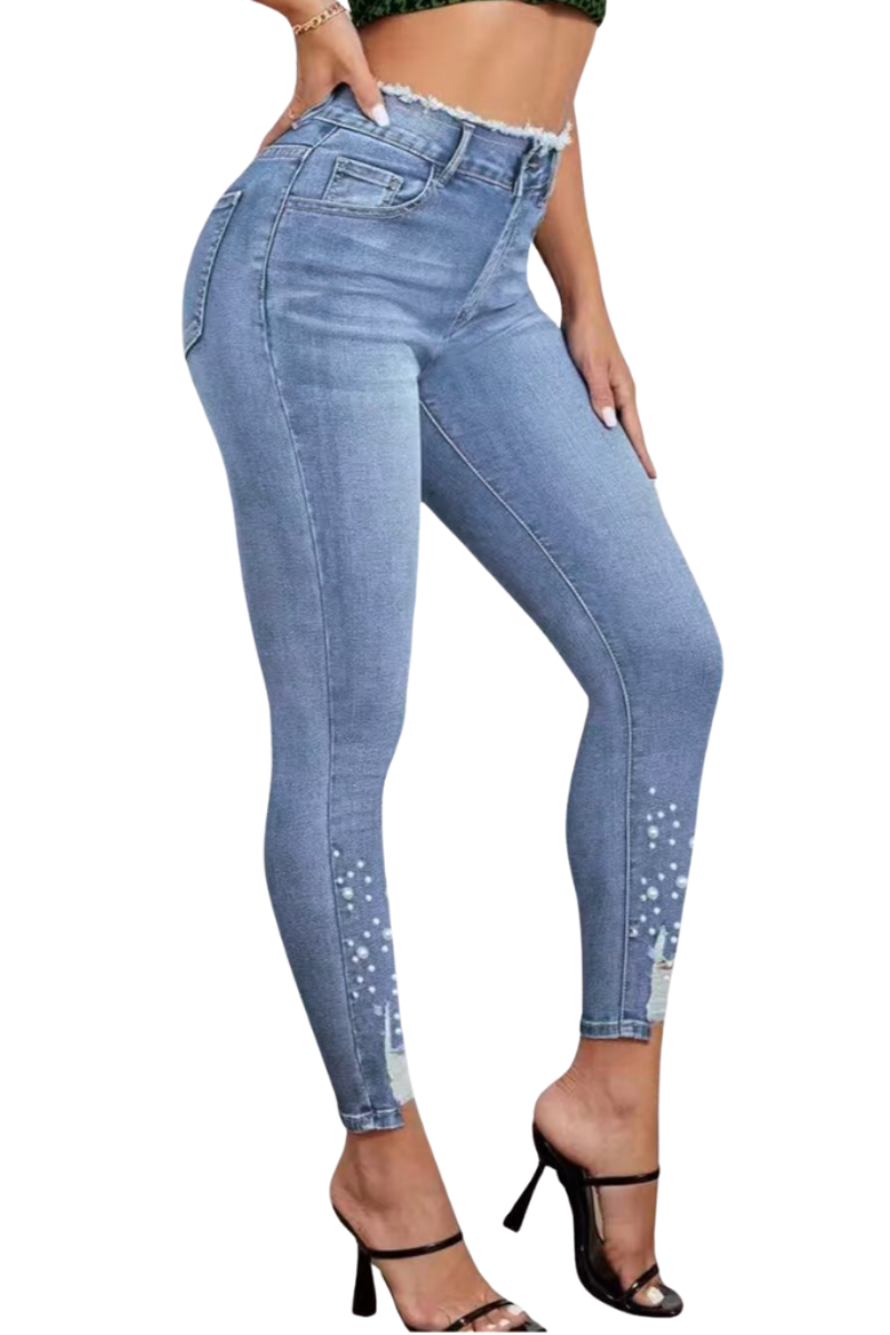 Women's High Waisted Pearl Embellished Skinny Jeans