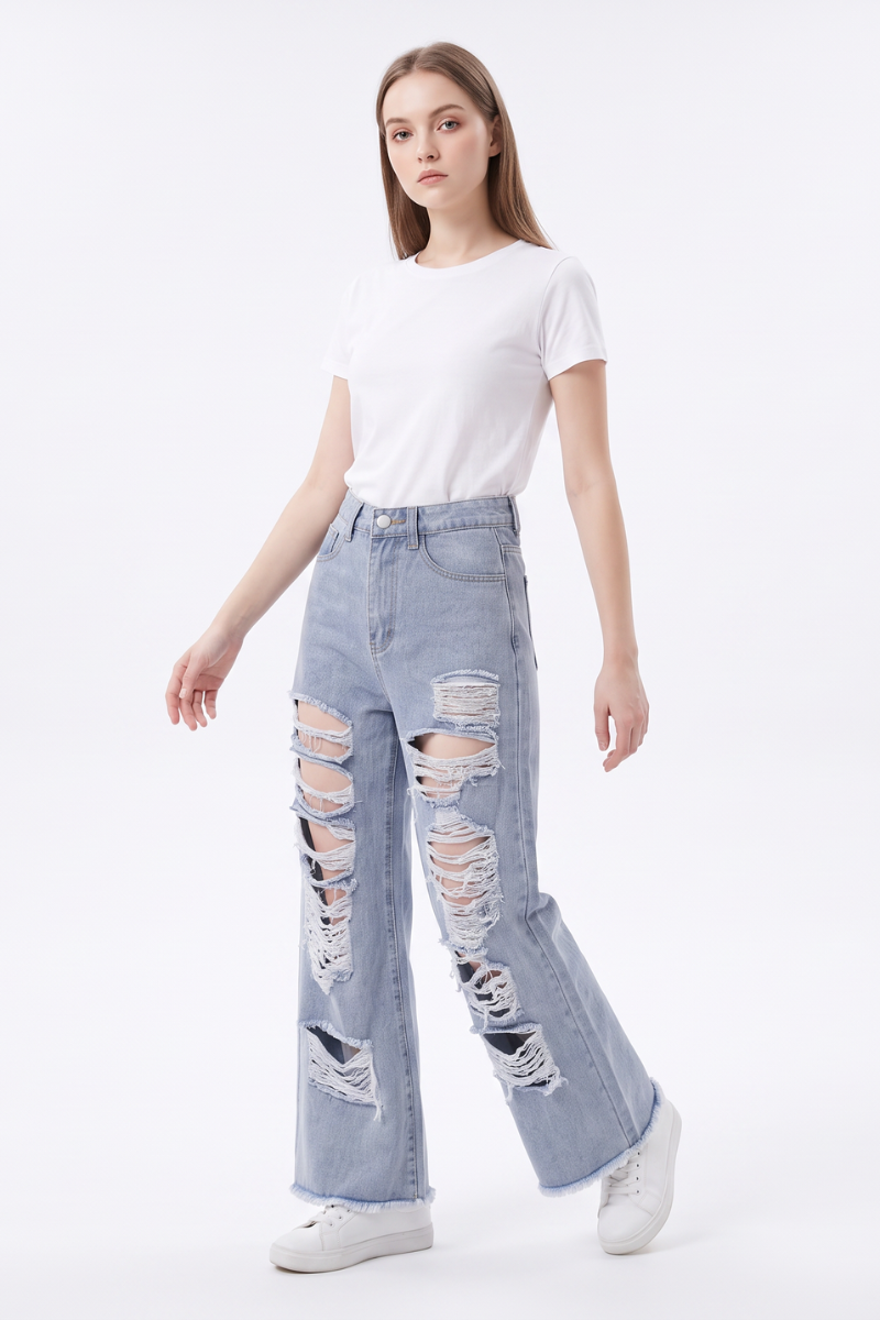 Women's High Waist Distressed Wide Leg Jeans