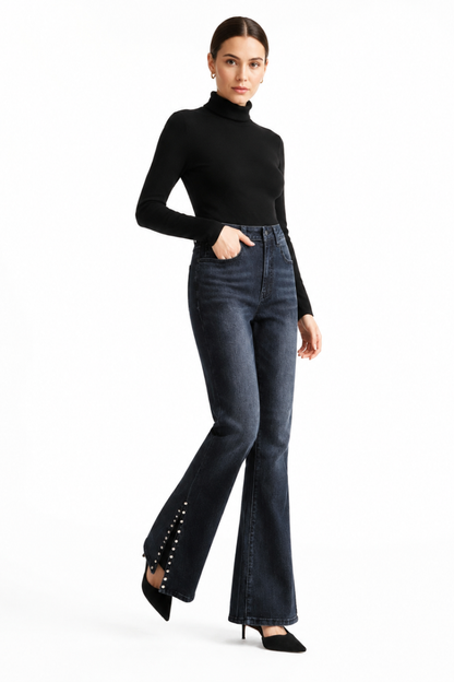 Women's High Waist Flare Jeans with Side Pearl Details