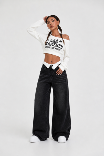 Women's double-waistband loose wide-leg jeans
