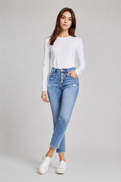 Women's High Waist Button Stretch Skinny Jeans