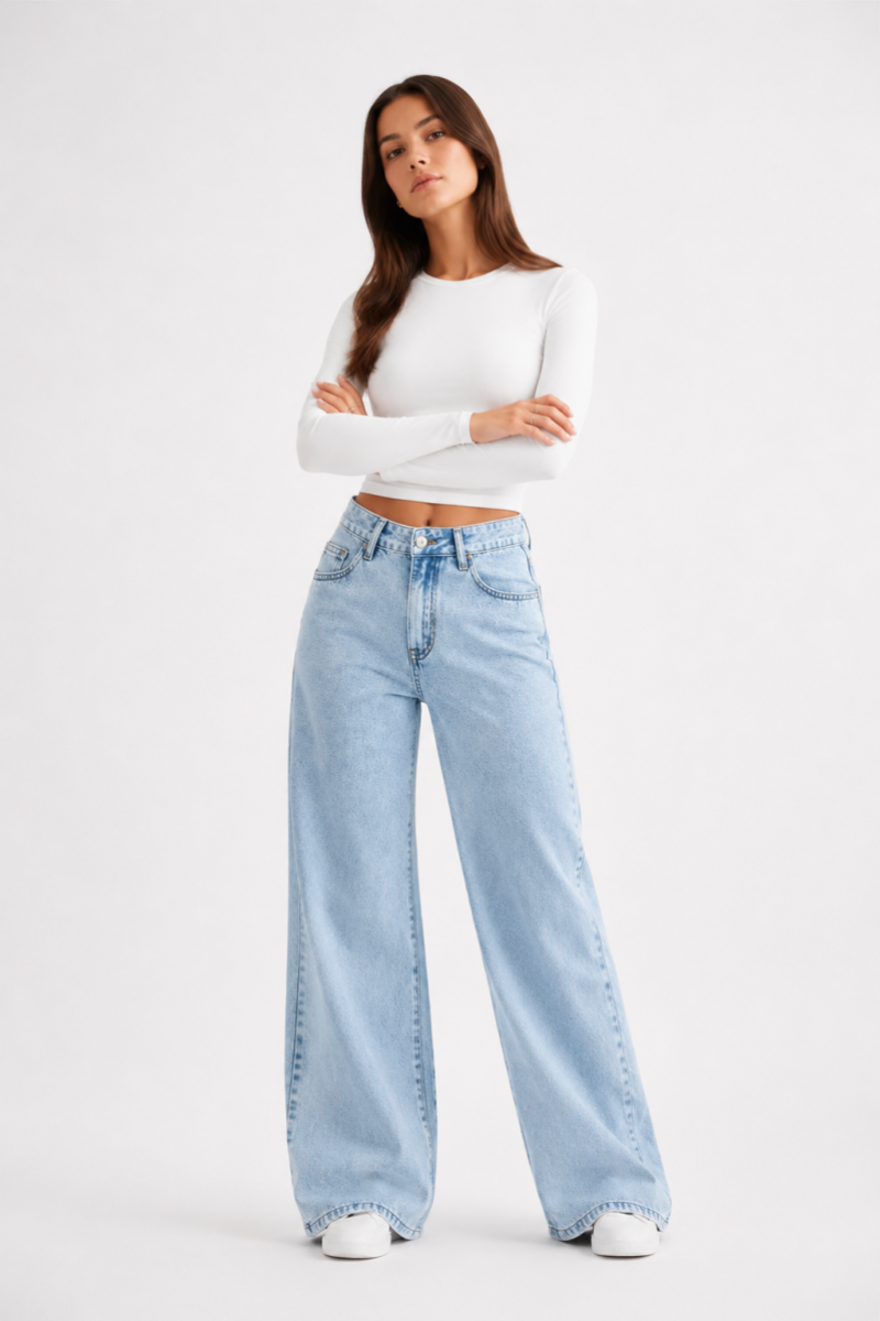 Women's High Waist Light Blue Straight Wide Leg Jeans