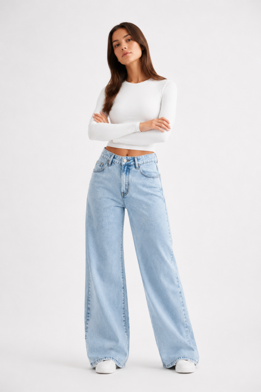 Women's High Waist Light Blue Straight Wide Leg Jeans
