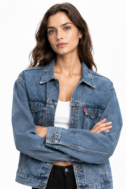 Women's Classic Blue Denim Jacket with Red Tag