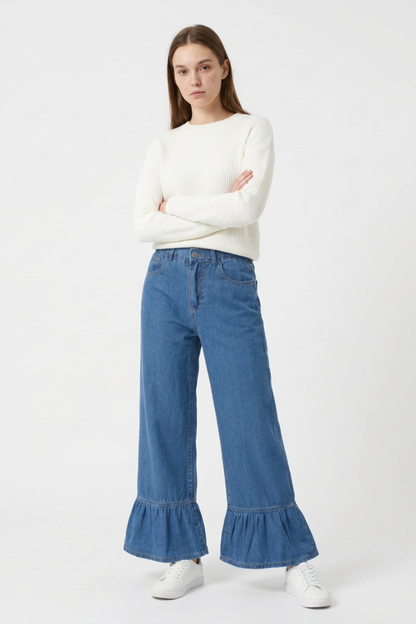 Women's High Waist Ruffle Hem Wide Leg Jeans