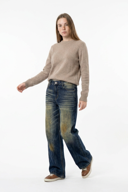 Women's Vintage Heavy Wash High Waist Straight Leg Jeans