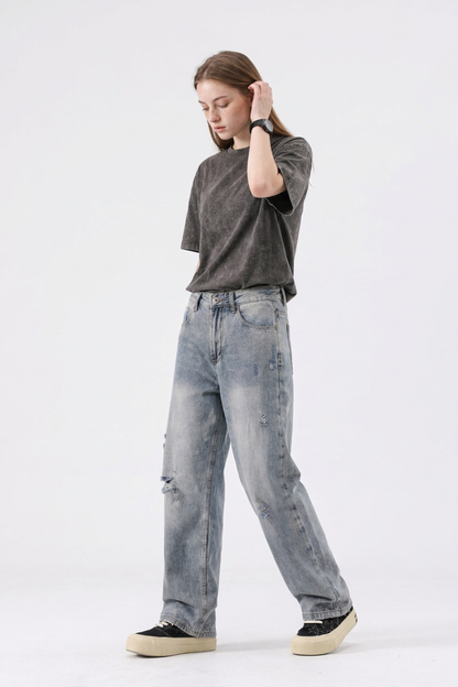 Women's High Waist Distressed Ripped Straight Jeans