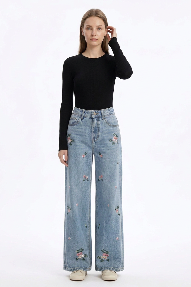 Women's Vintage Wash Embroidered High Waist Wide Leg Jeans