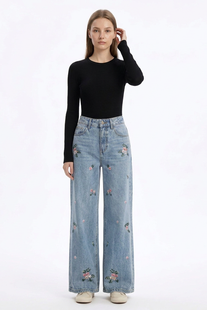 Women's Vintage Wash Embroidered High Waist Wide Leg Jeans