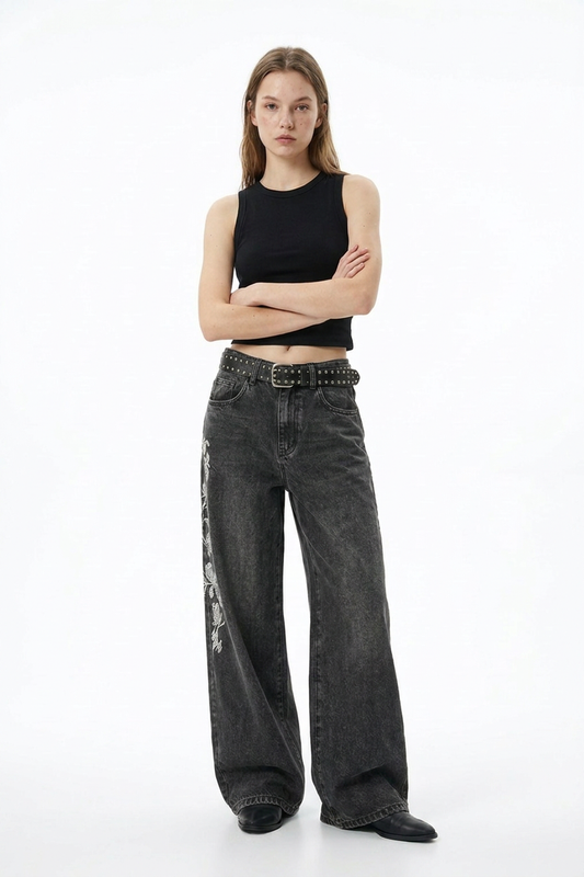Women's Floral Embroidered High Waist Stretch Wide Leg Jeans