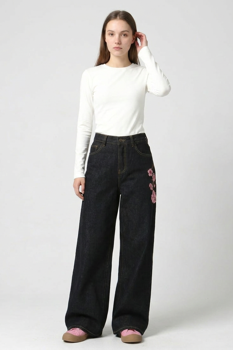 Women's Floral Embroidered High Waist Wide Leg Jeans