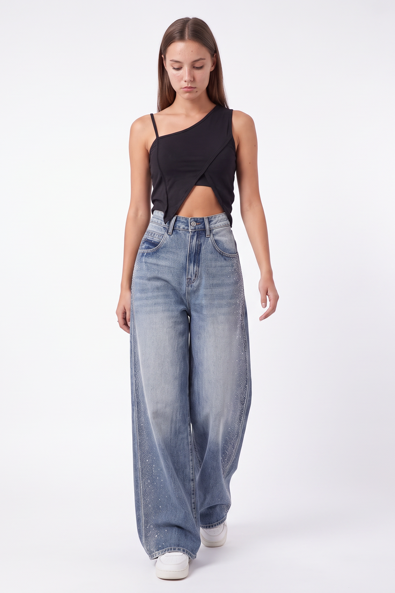 Women's Sparkly Diamante High Waist Stretch Wide Leg Jeans