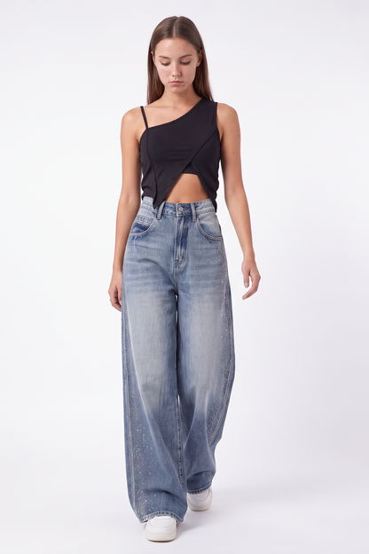 Women's Sparkly Diamante High Waist Stretch Wide Leg Jeans