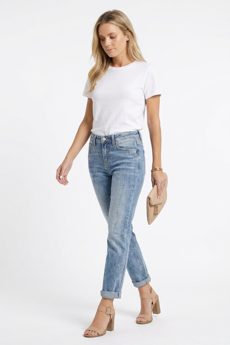 Women's Classic Washed High Waist Stretch Straight Leg Jeans
