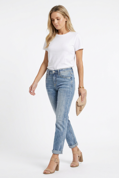 Women's Classic Washed High Waist Stretch Straight Leg Jeans