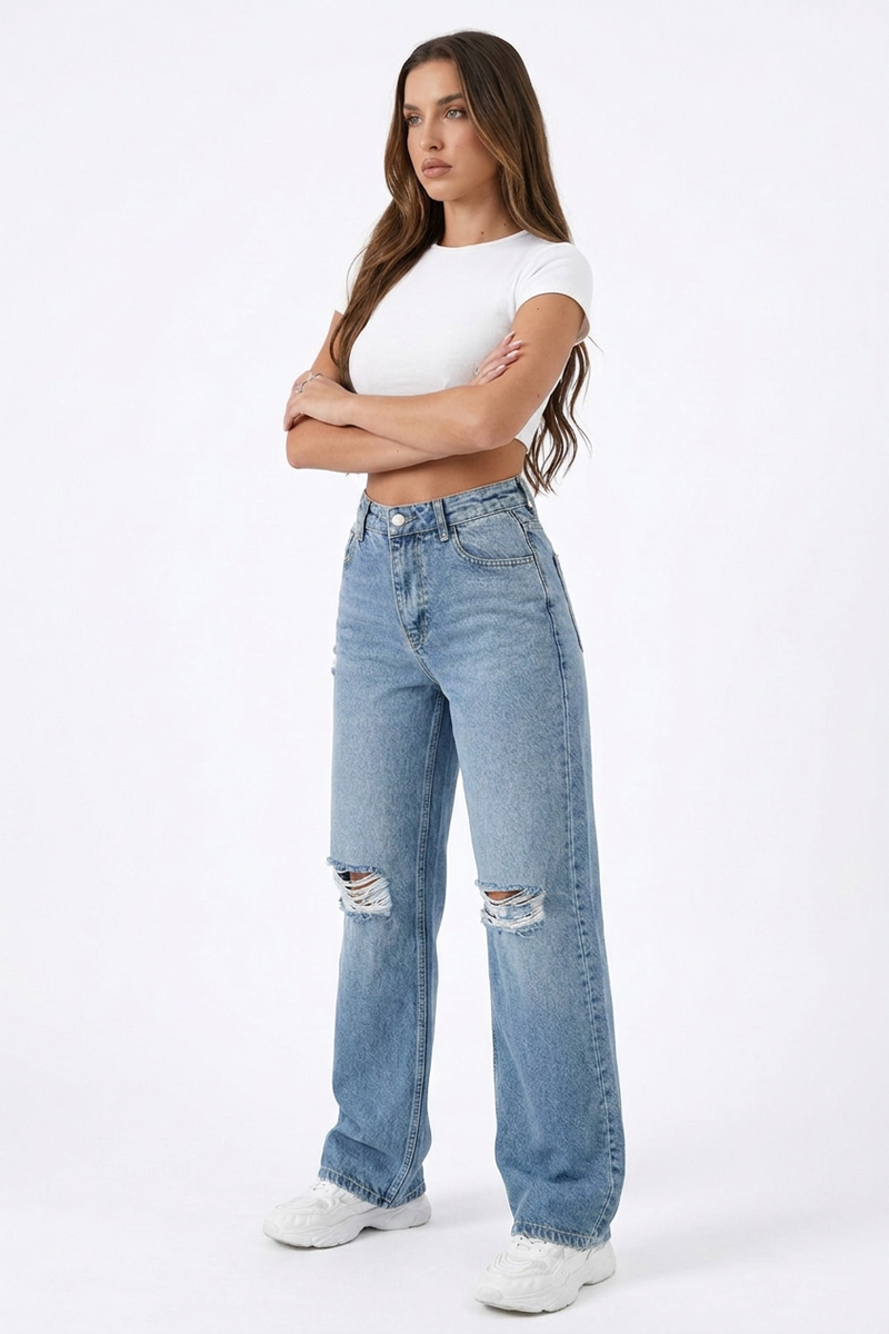 Women's High Waist Straight Leg Ripped Jeans