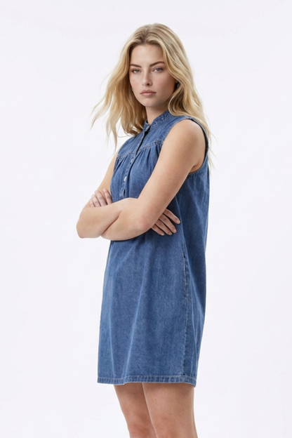 Women's Blue Half-Button Sleeveless Denim Vest