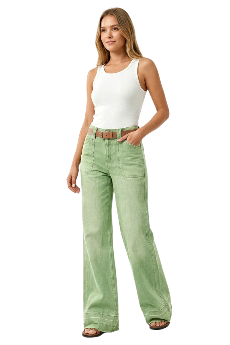 Women's Green Vintage Wash High-Waisted Wide-Leg Jeans