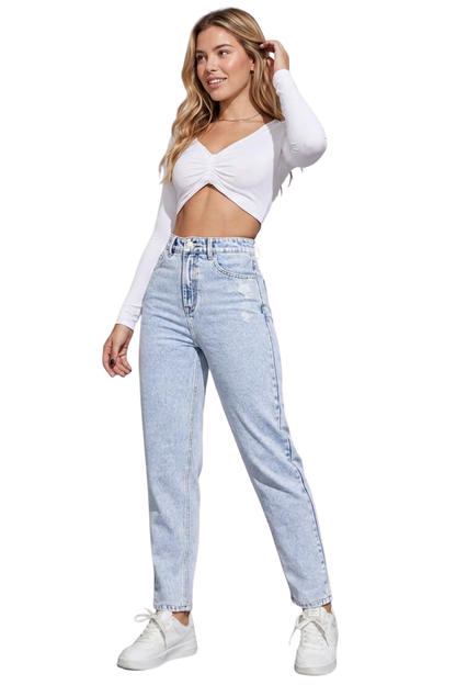 Women's High-Waisted Distressed Straight-Leg Jeans
