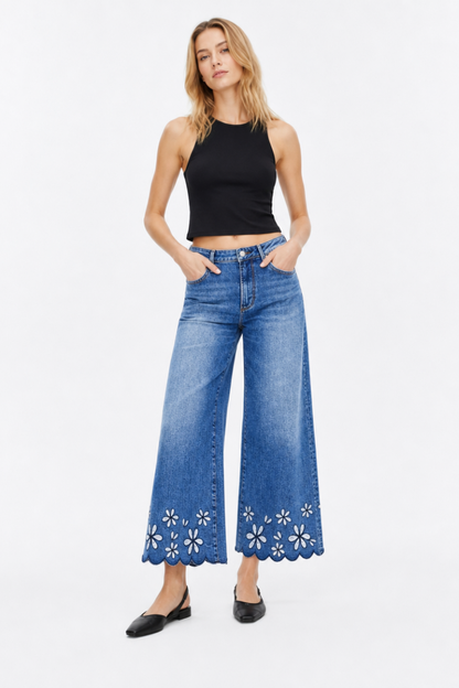 Women's High Waist Floral Embroidered Wide Leg Jeans