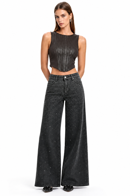 Women's Vintage Washed High Waist Rhinestone Wide Leg Jeans