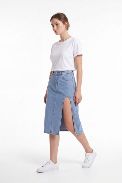 Women's High Waist A-Line Front Slit Denim Midi Skirt