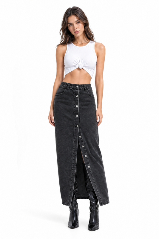Women's High Waist Front Button Denim Midi Skirt
