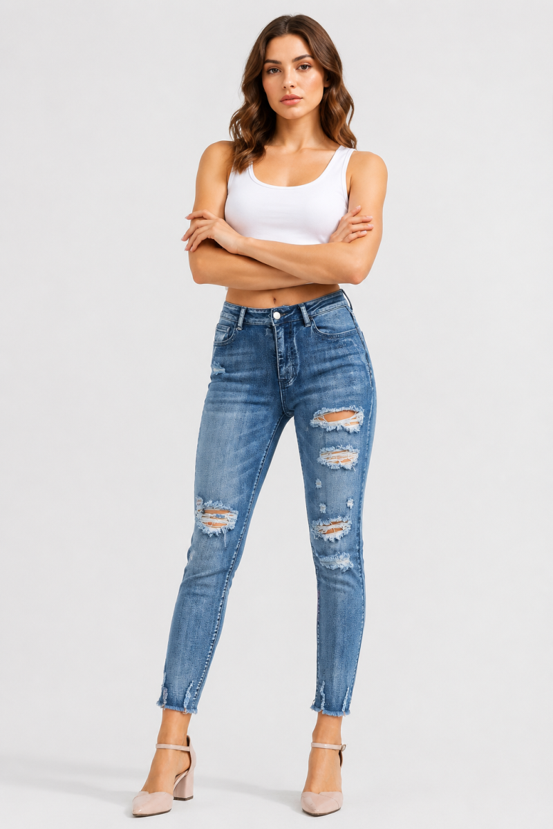 Women's High Waist Distressed Ripped Skinny Jeans