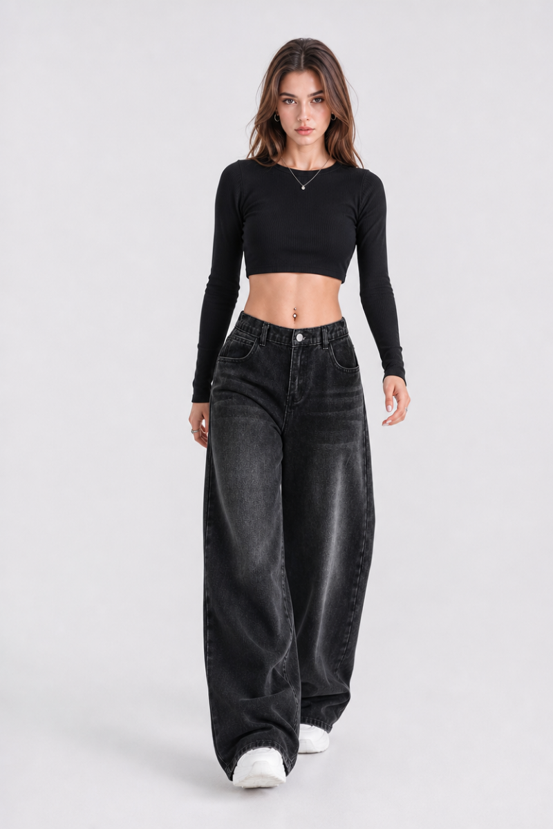 Women's high-rise wide-leg jeans with a half-elastic waist