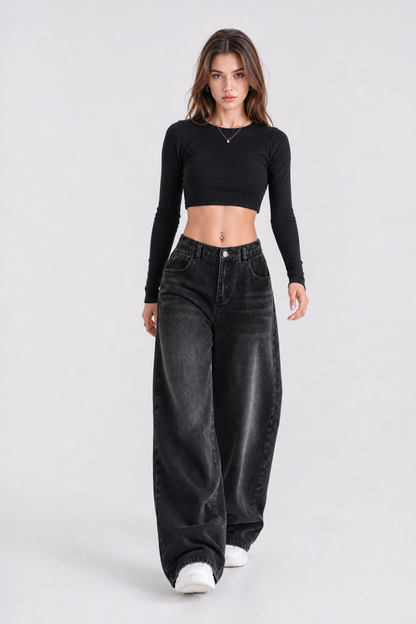 Women's high-rise wide-leg jeans with a half-elastic waist