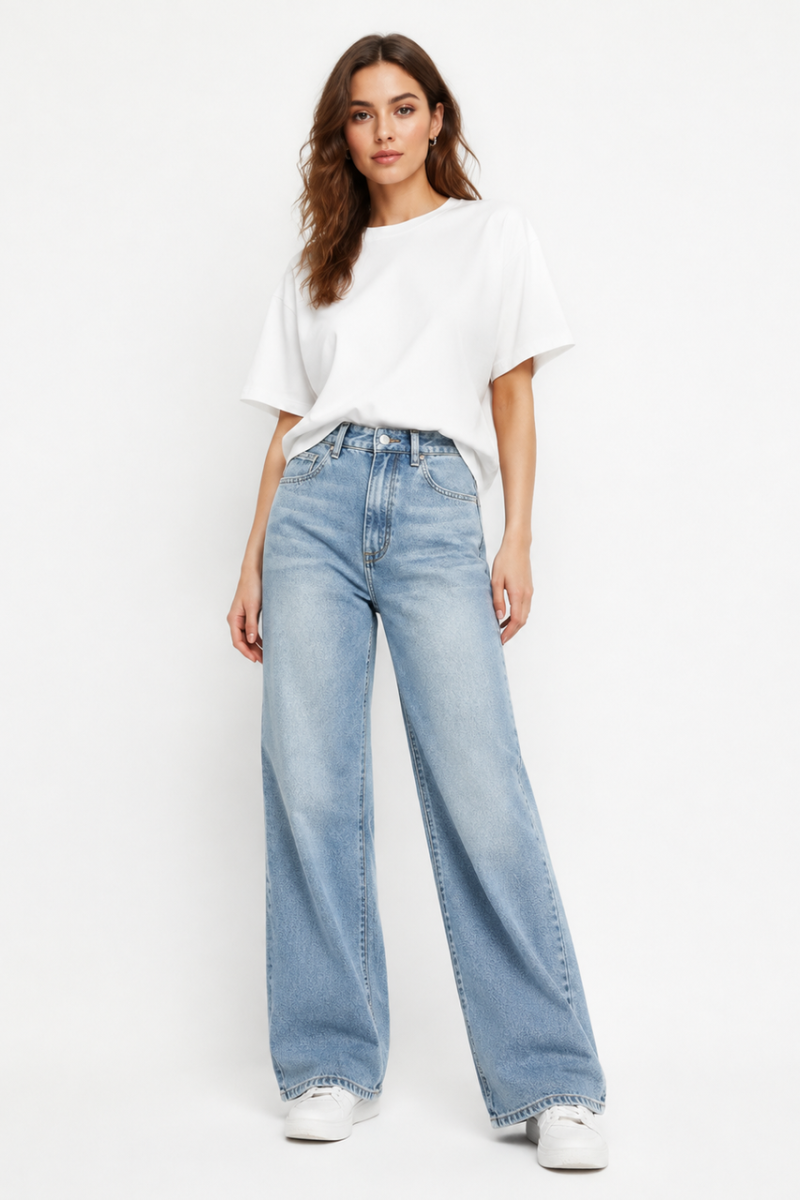 Women's High Waist Blue Stretch Wide Leg Jeans