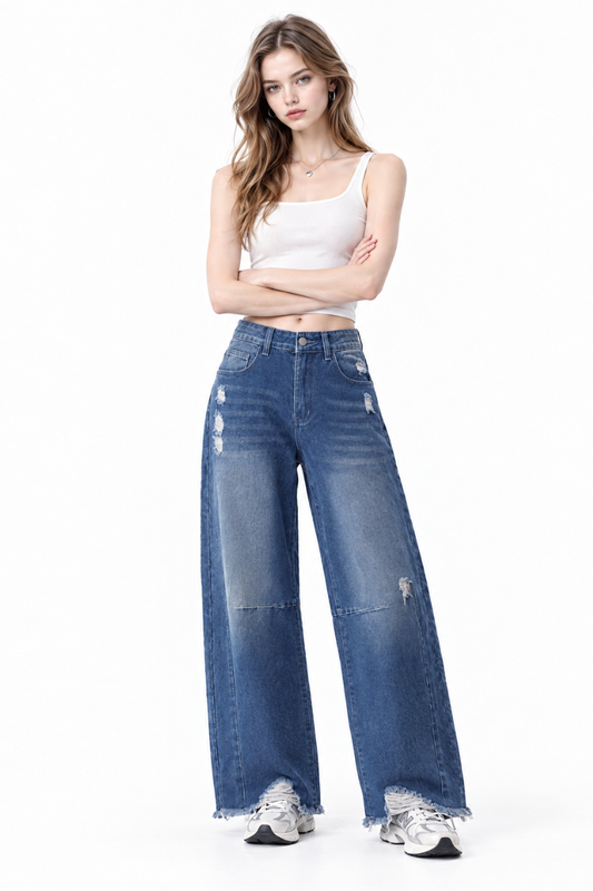 Women's High Waist Distressed Wide Leg Jeans