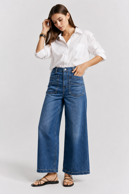 Women's High Waisted Wide Leg Jeans with Front Patch Pockets