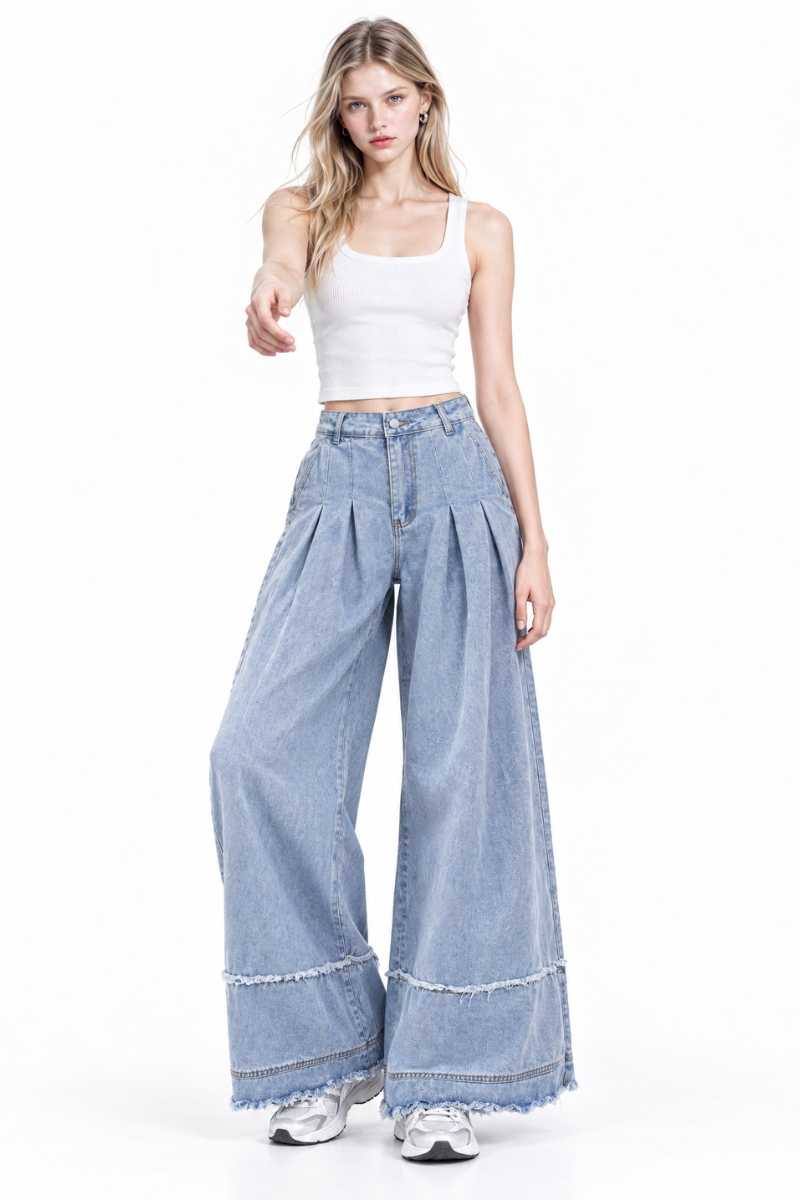 Women's High Waist Pleated Wide Leg Jeans