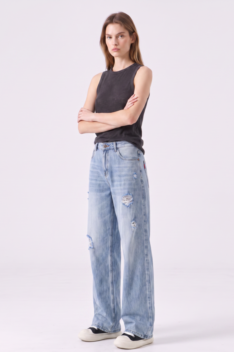 Women's High Waist Ripped Wide Leg Jeans