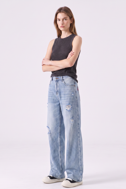 Women's High Waist Ripped Wide Leg Jeans