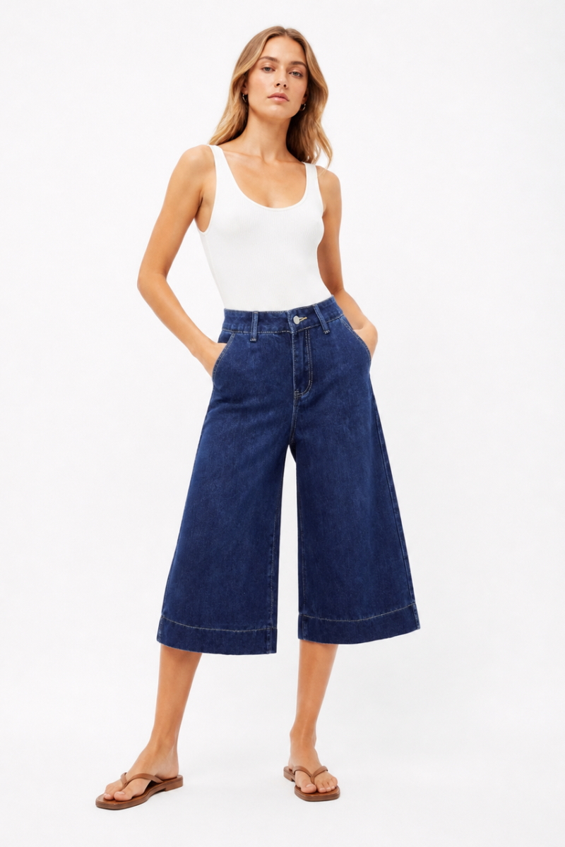 Women's High Waist Wash Wide Leg Cropped Jeans