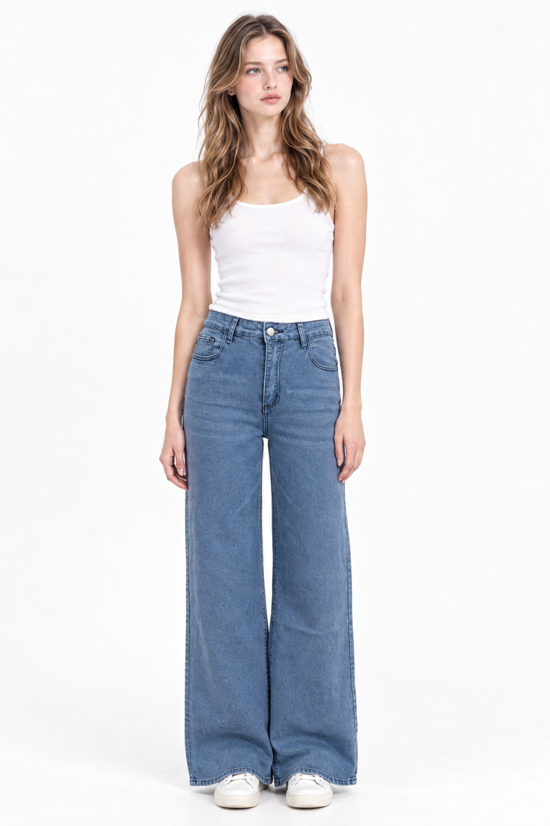 Women's High Waist Blue Stretch Wide Leg Jeans
