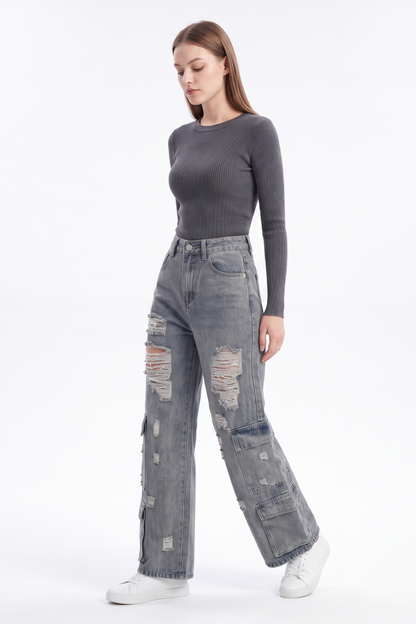 Women's Vintage High Waist Distressed Wide Leg Cargo Jeans