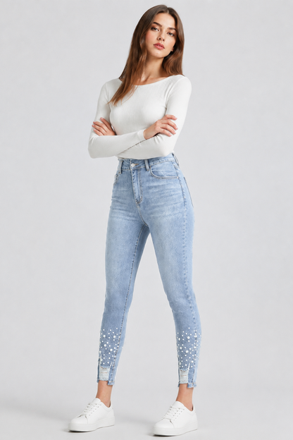 Women's High Waist Pearl Embellished Stretch Skinny Jeans
