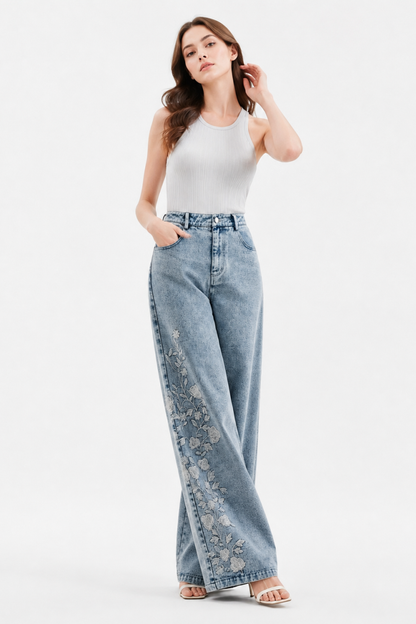 Women's High Waist Floral Embroidered Wide Leg Jeans