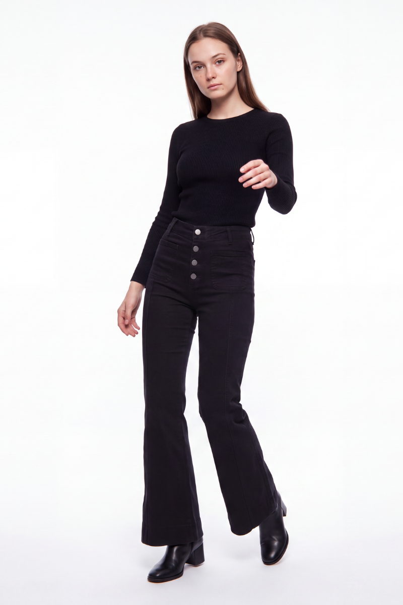 Women's Black High Waist Button Fly Stretch Flare Jeans