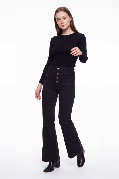 Women's Black High Waist Button Fly Stretch Flare Jeans