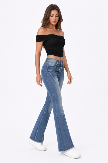 Women's High Waist Stretch Flare Jeans with Attached Belt