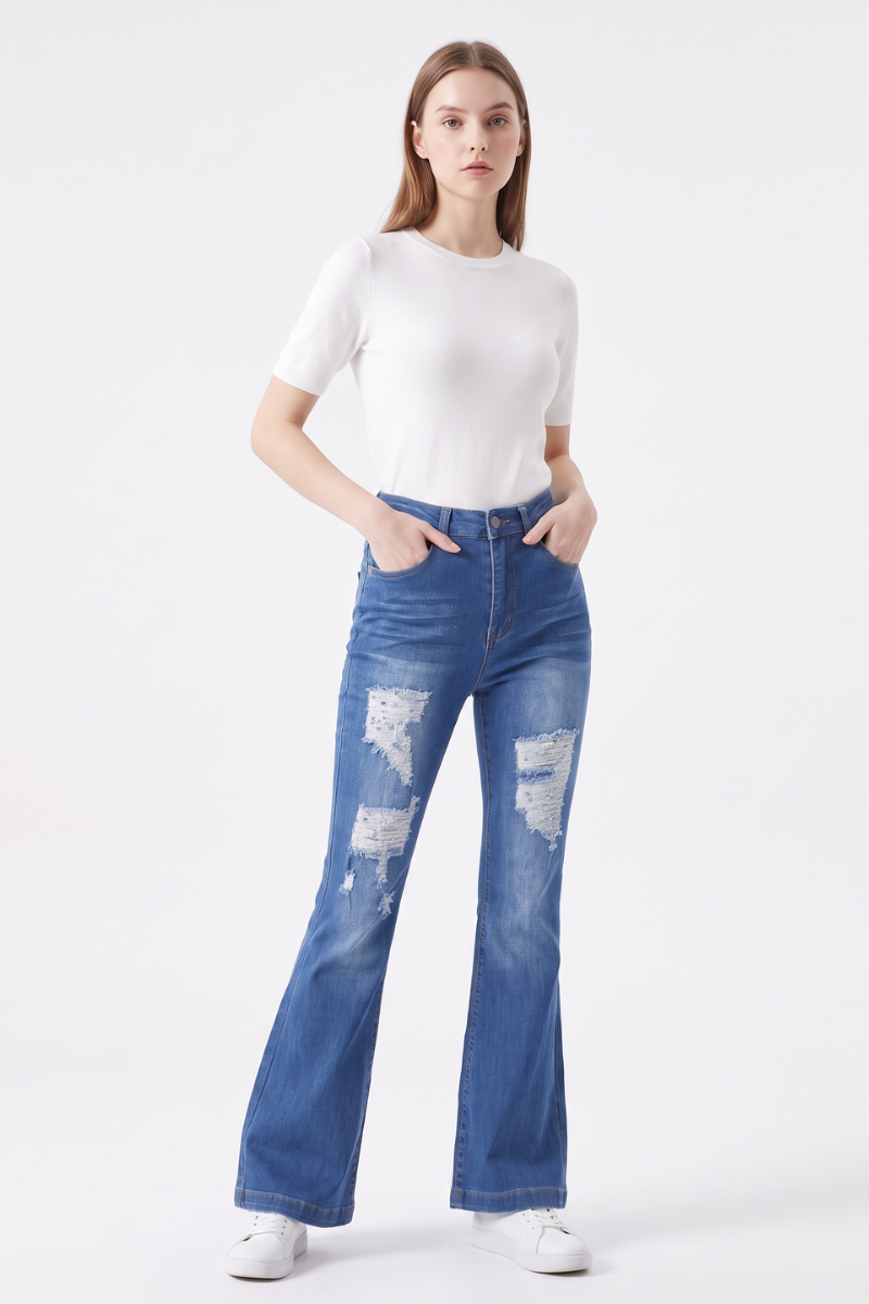 Women's High Waist Ripped Distressed Stretch Flare Jeans