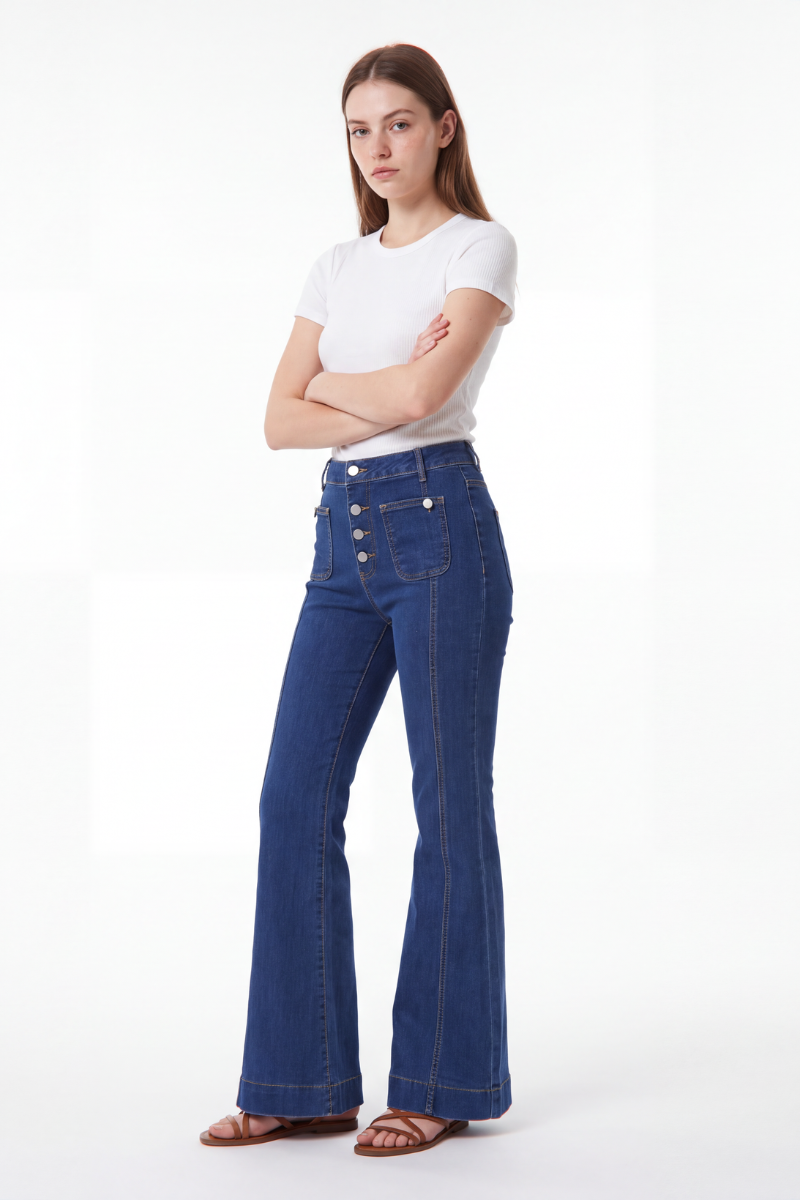 Women's High Waist Button Fly Stretch Flare Jeans